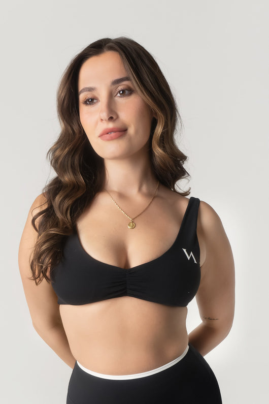 Ruched Crop Bra in Black - front view